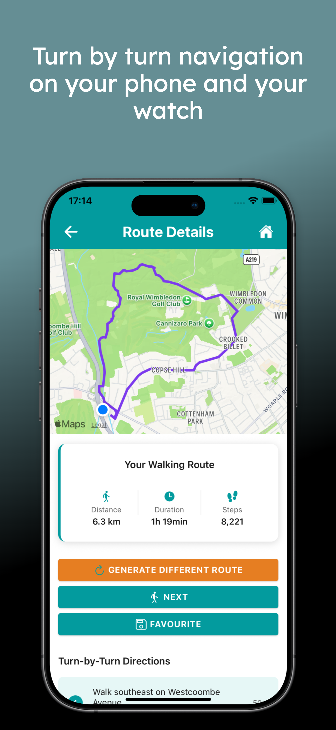 Turn by turn navigation showing walking route