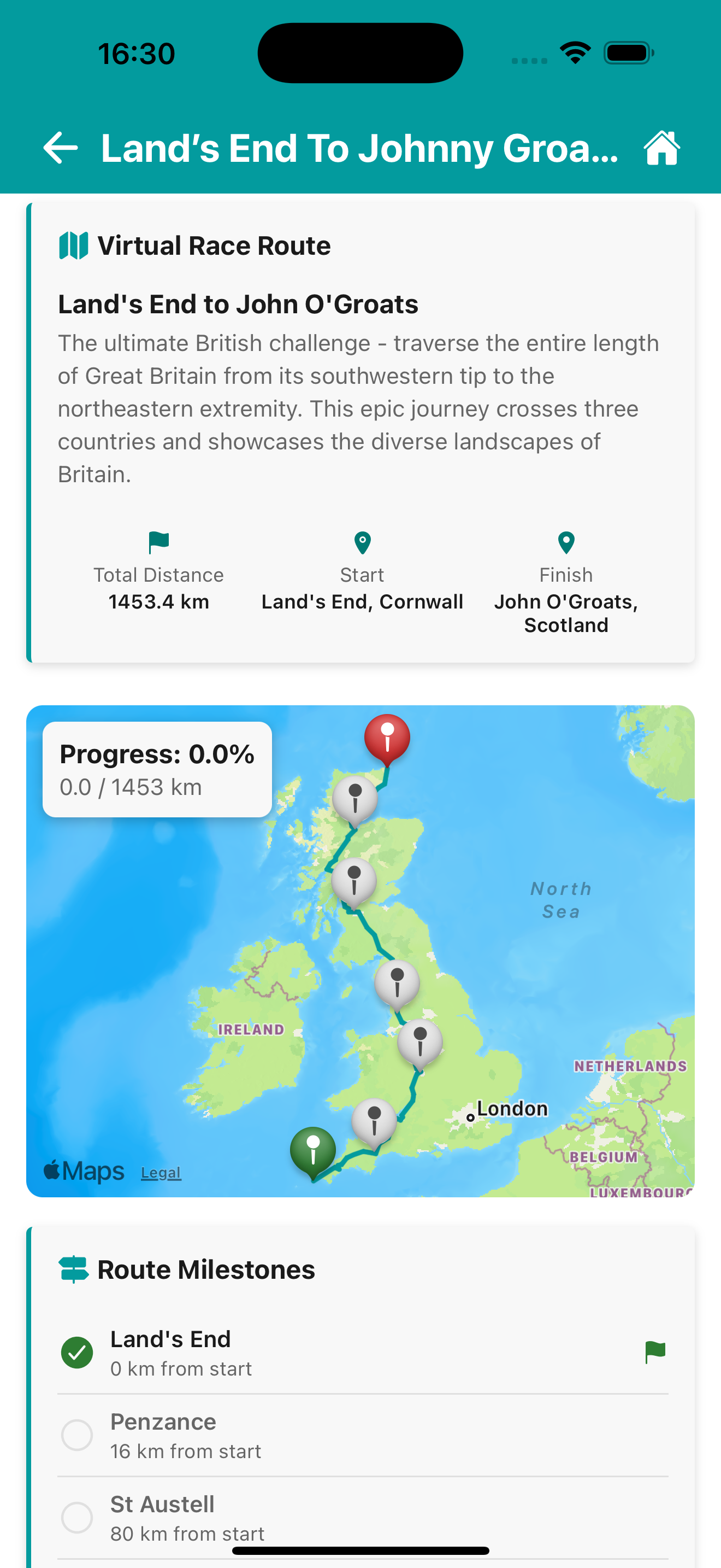 Land's End to John O'Groats Virtual Race in Step Daddy App